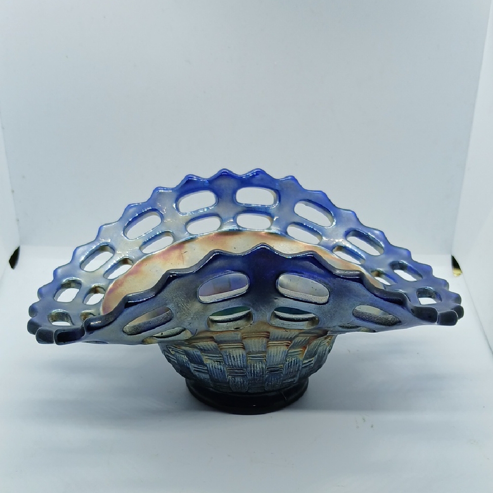 FENTON BLUE OPEN LACE EDGE CARNIVAL GLASS BASKET Weave DISH